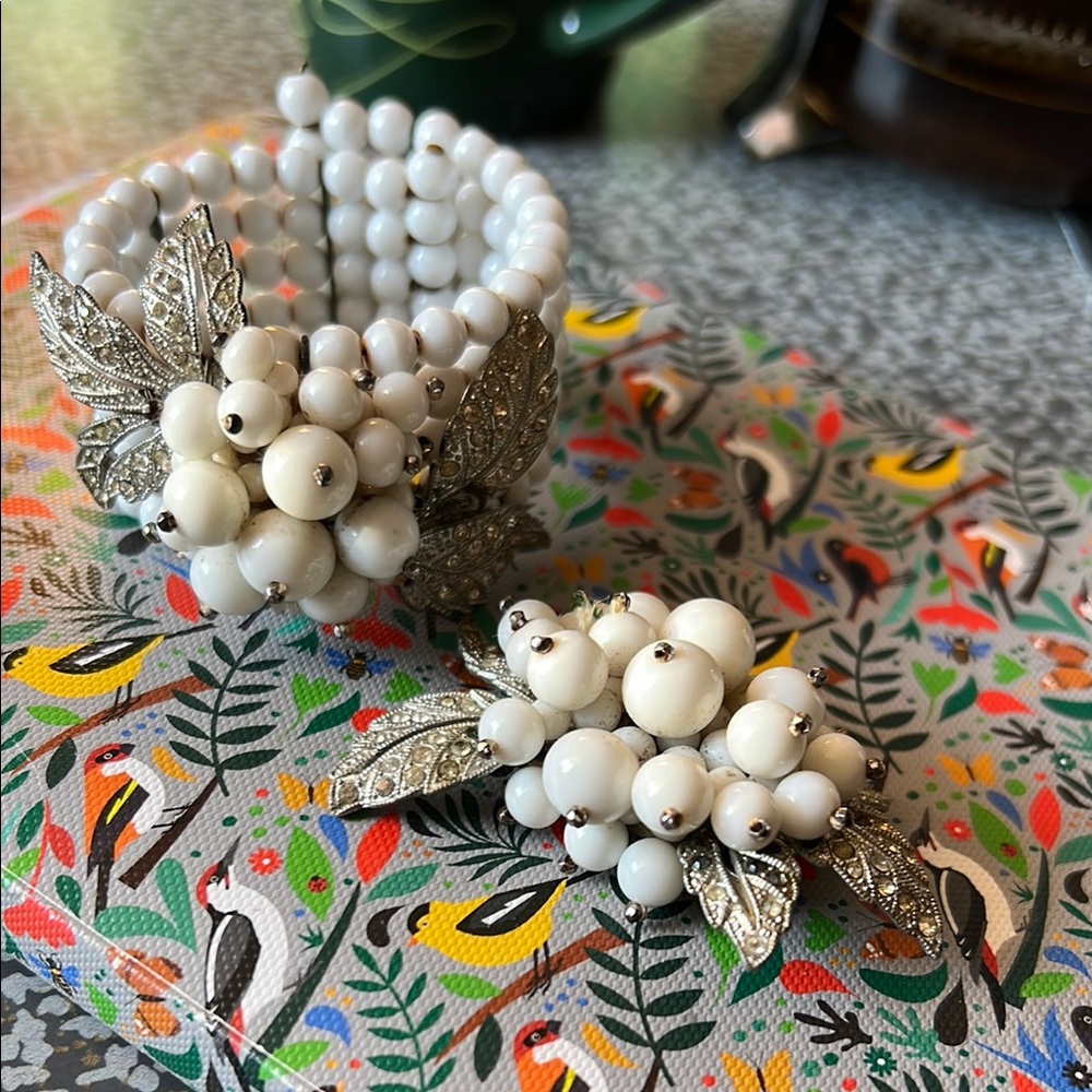 Mariam Haskell (?) white glass and studded unsigned bracelet and brooch
